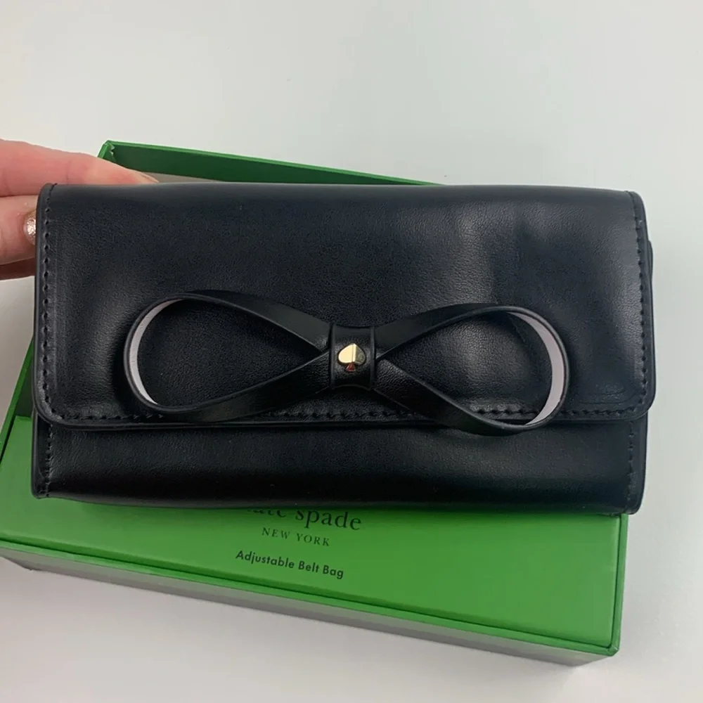 Kate Spade Leather Black Adjustable Belt Bag Bow Accent Size S/M New NWT in box